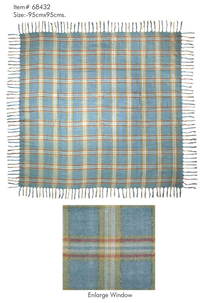ALL OVER CHECKS PRINTED SQUARE SCARF WITH LUREX AND ALL FOUR SIDES SELF KNOT FRINGES	
