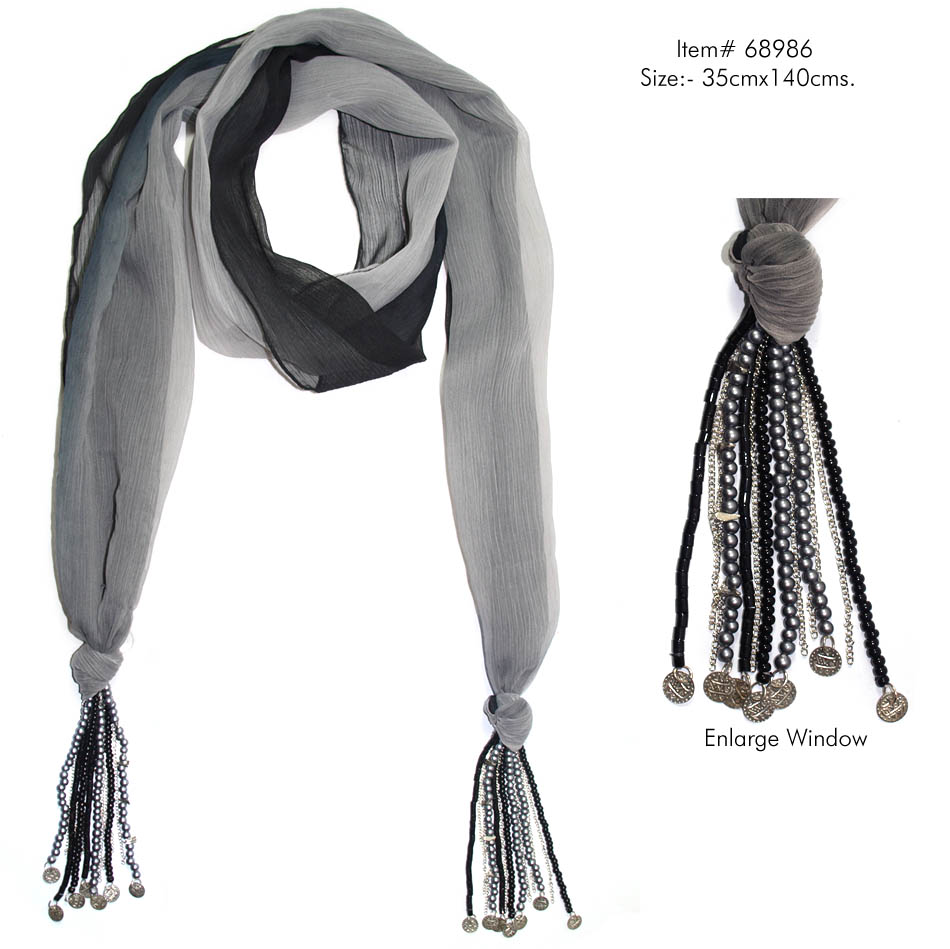 TIE DYE SKINNY SCARF IN SOFT POLYESTER CHIFFON FABRIC WITH FANCY BEADED TASSELS FOR WOMENS