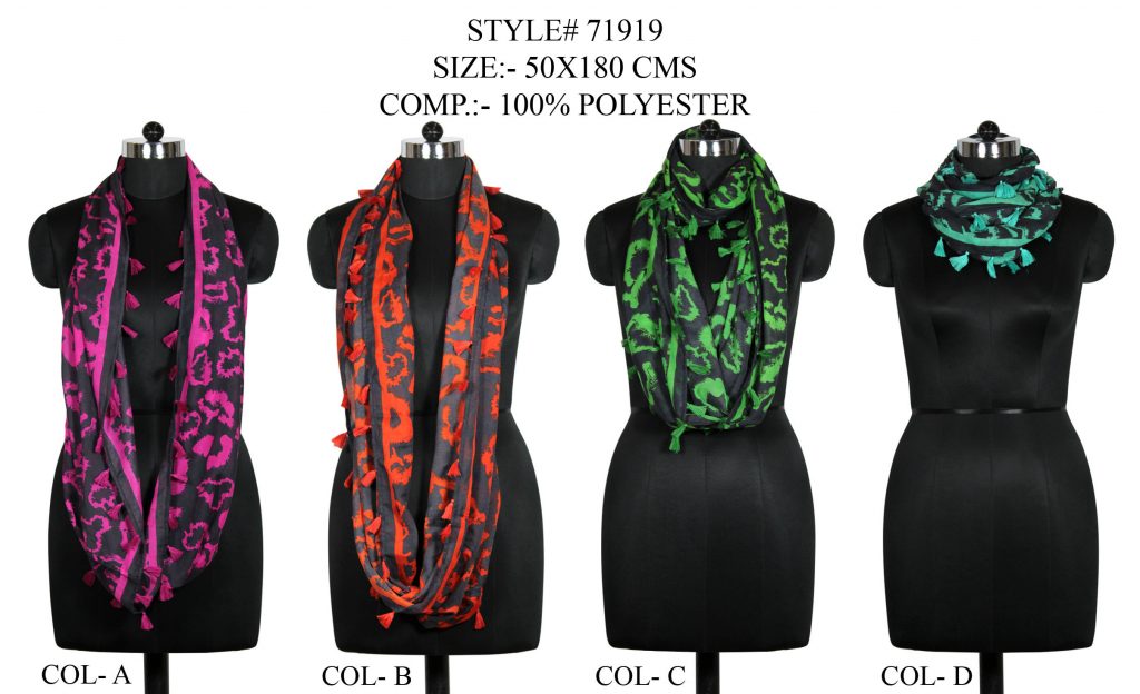 ANIMAL SKIN DESIGN PRINTED SNOOD/ INFINITY SCARFS IN SOFT POLYESTER FABRIC WITH FANCY TASSELS FOR WO