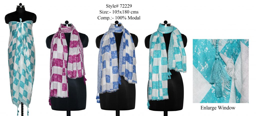 CKECKS PATCHES PRINTED STOLE IN SOFT MODAL FABRIC WITH FANCY TASSELS AND EYELASH   FRINGES FOR WOMEN