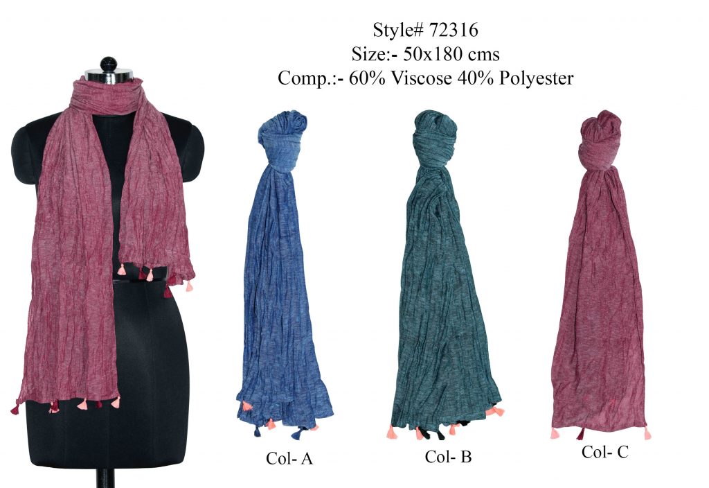SOLID TWO TONE CRUSHED LOOK STOLE IN SOFT VISCOSE,POLYESTER FABRIC WITH FANCY   CONTRAST TASSELS	