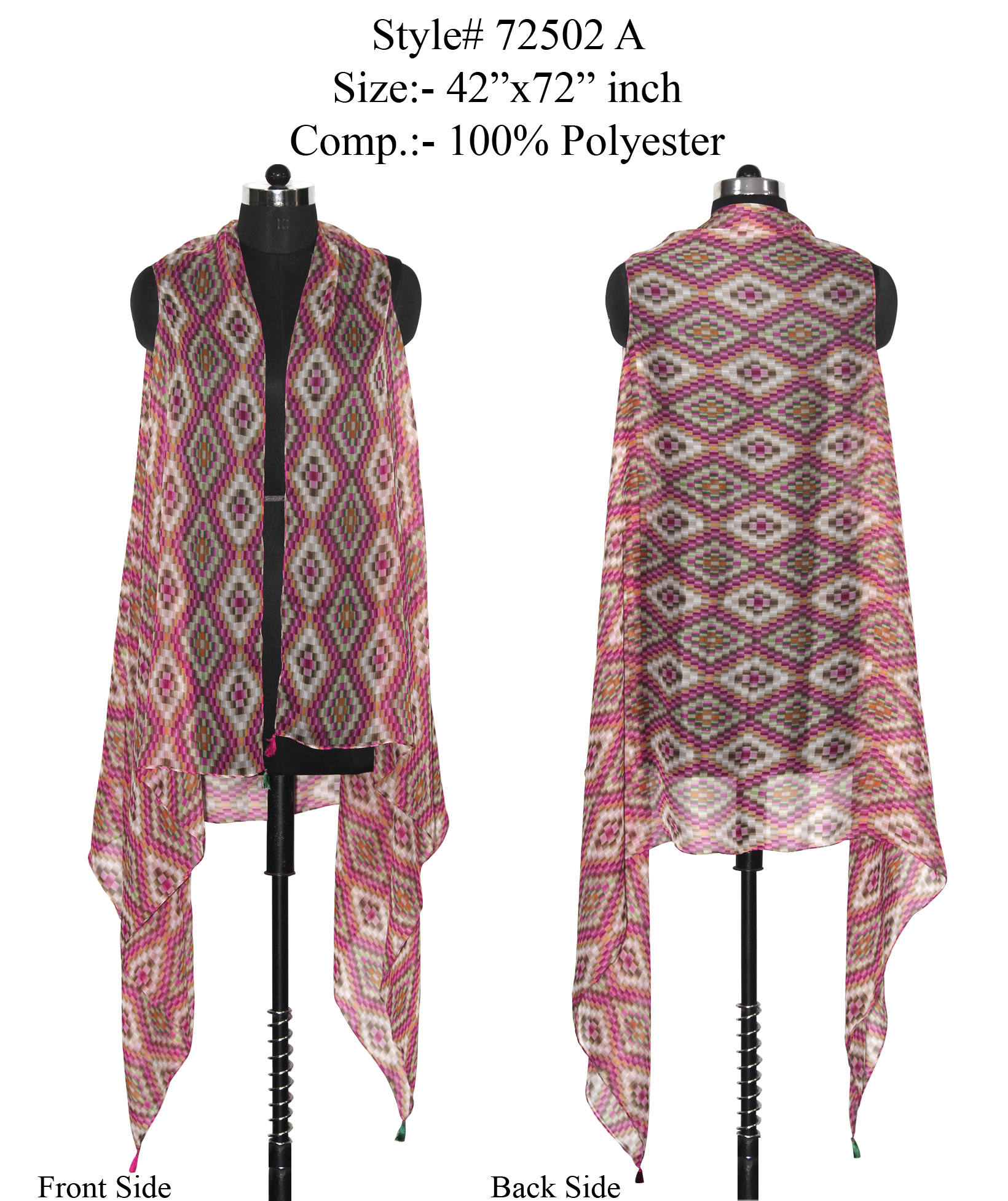 MULTI COLOURED WRAP/SHRUGS WITH ARMHOLES IN POLYESTER CHIFFON PRINTED AND TASSELS ON FOUR CORNER
