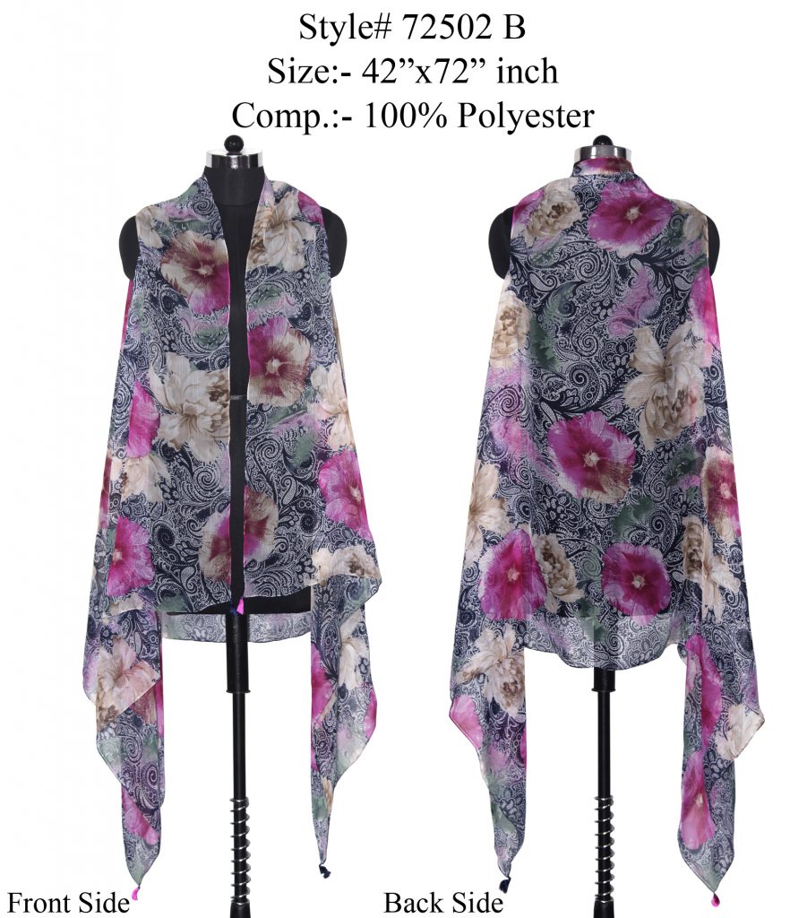 PINK/BLUE COLOURED WRAP/SHRUGS WITH ARMHOLES IN POLYESTER CHIFFON PRINTED AND TASSELS ON FOUR CORNER