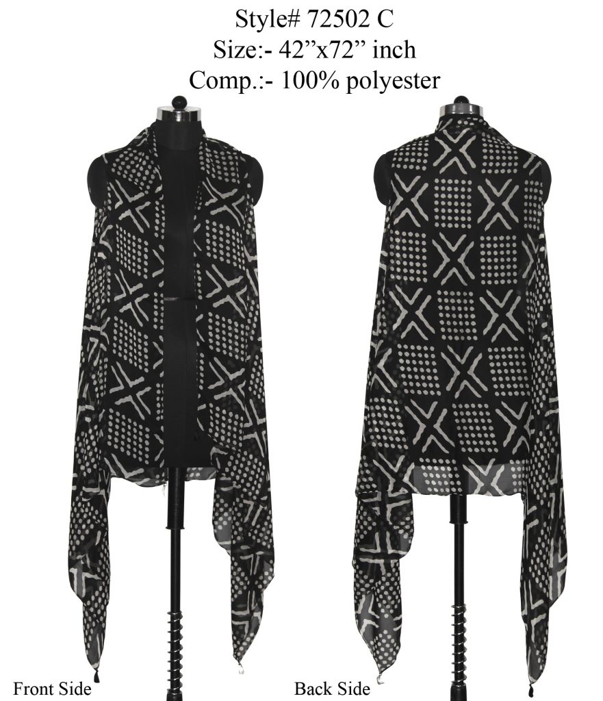 BLACK/WHITE COLOURED WRAP/SHRUGS WITH ARMHOLES IN POLYESTER CHIFFON PRINTED AND TASSELS ON FOUR CORN