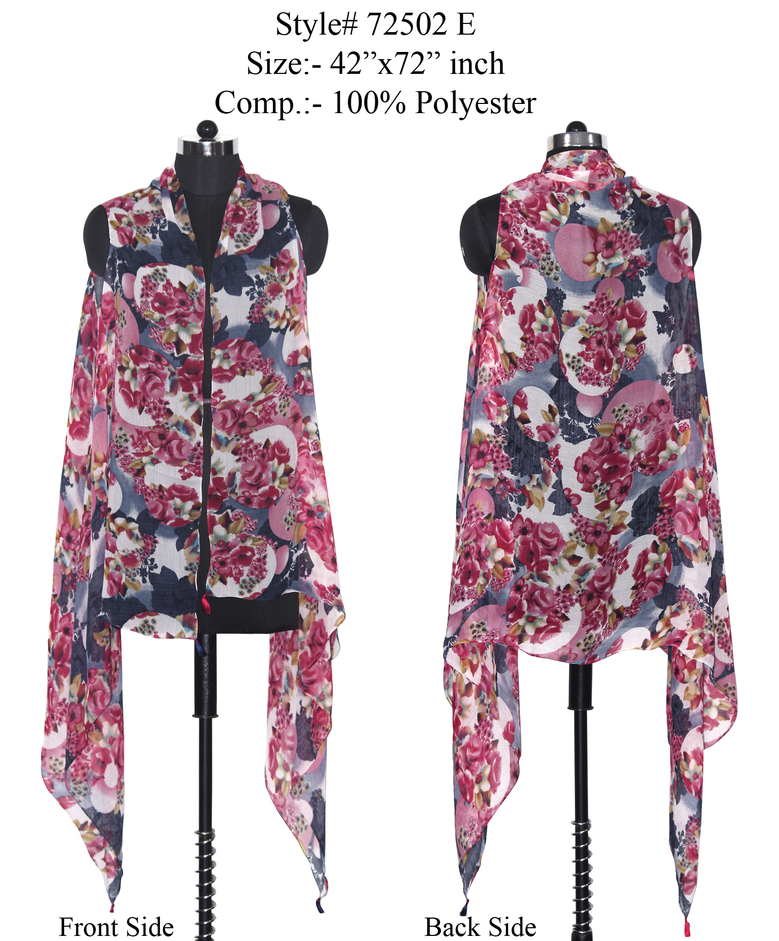 PINK/MULTI COLOURED WRAP/SHRUGS WITH ARMHOLES IN POLYESTER CHIFFON PRINTED AND TASSELS ON FOUR CORNE